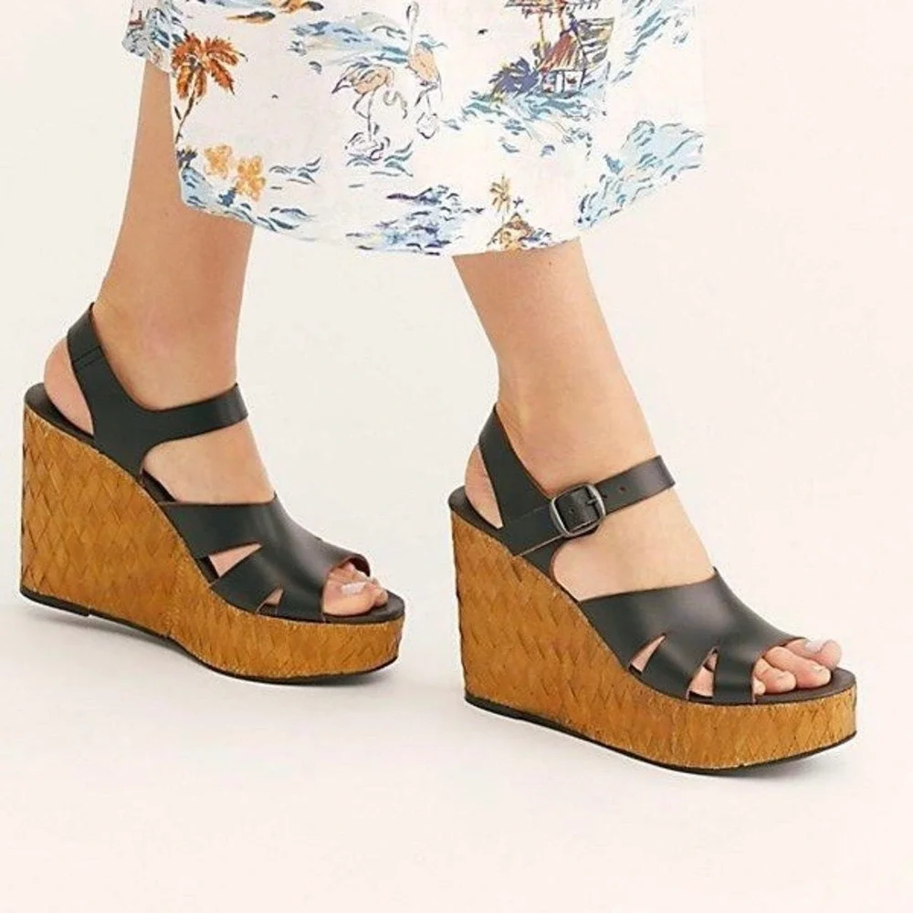 Free People Black Sunflower Wedge Sandals Leather Woven Platform Boho Size 9